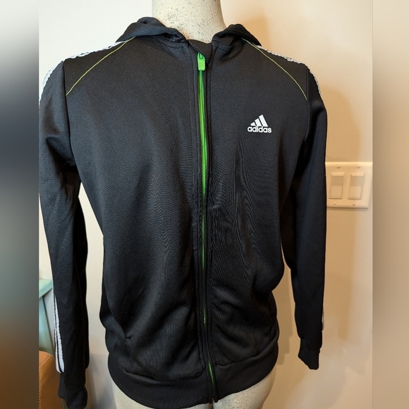 Adidas 3 stripe full zip Black with silver gray stripes. Youth Size L - Picture 14 of 15